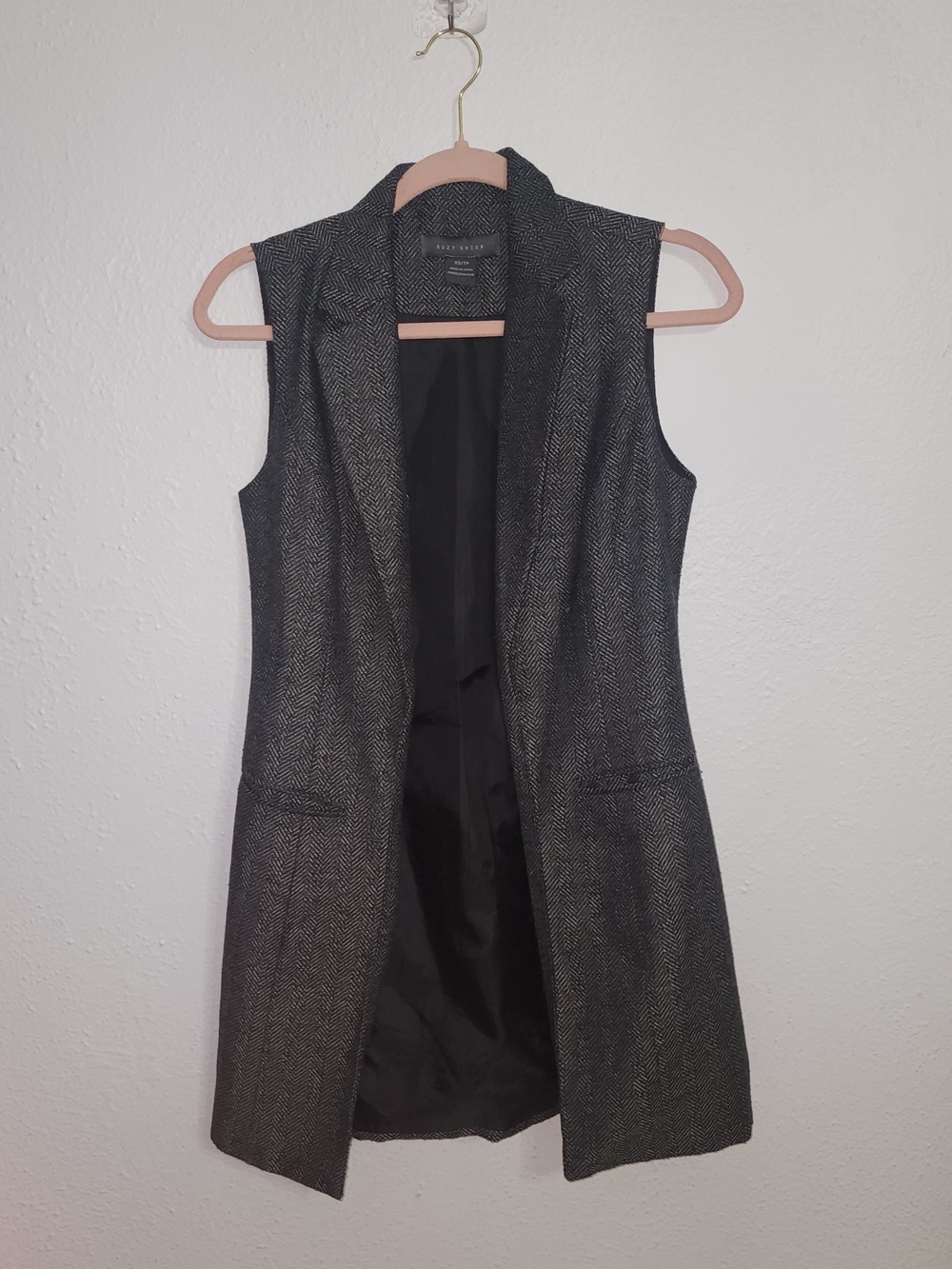 Suzy Shier XS Charcoal Herringbone Sleeveless Dark Grey Long Vest